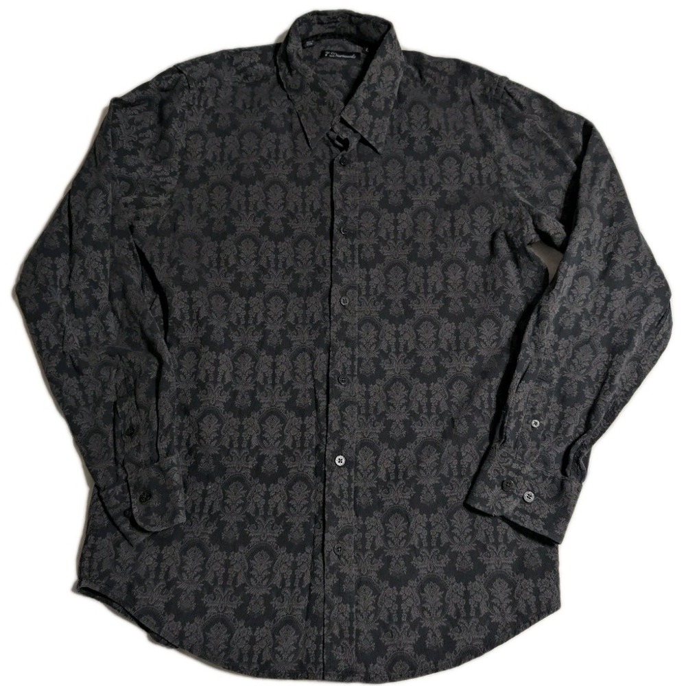 7 Diamonds Mens Large Button‎ Up Shirt Black Gray Damask Pattern Long Sleeve